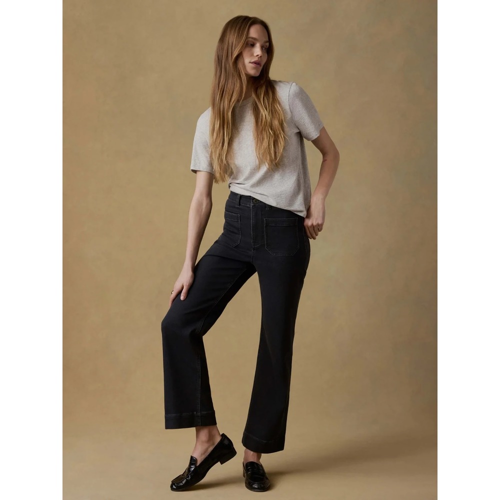 Faherty Stretch Terry Patch Pocket Ankle Pant Womens 25 Black High Rise Wide Leg